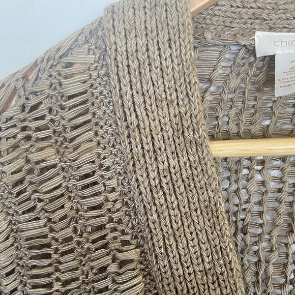 Chico's Crochet Open Knit Cardigan Size 2 US L Tan Beach Open Front Long Sleeves - Picture 4 of 9